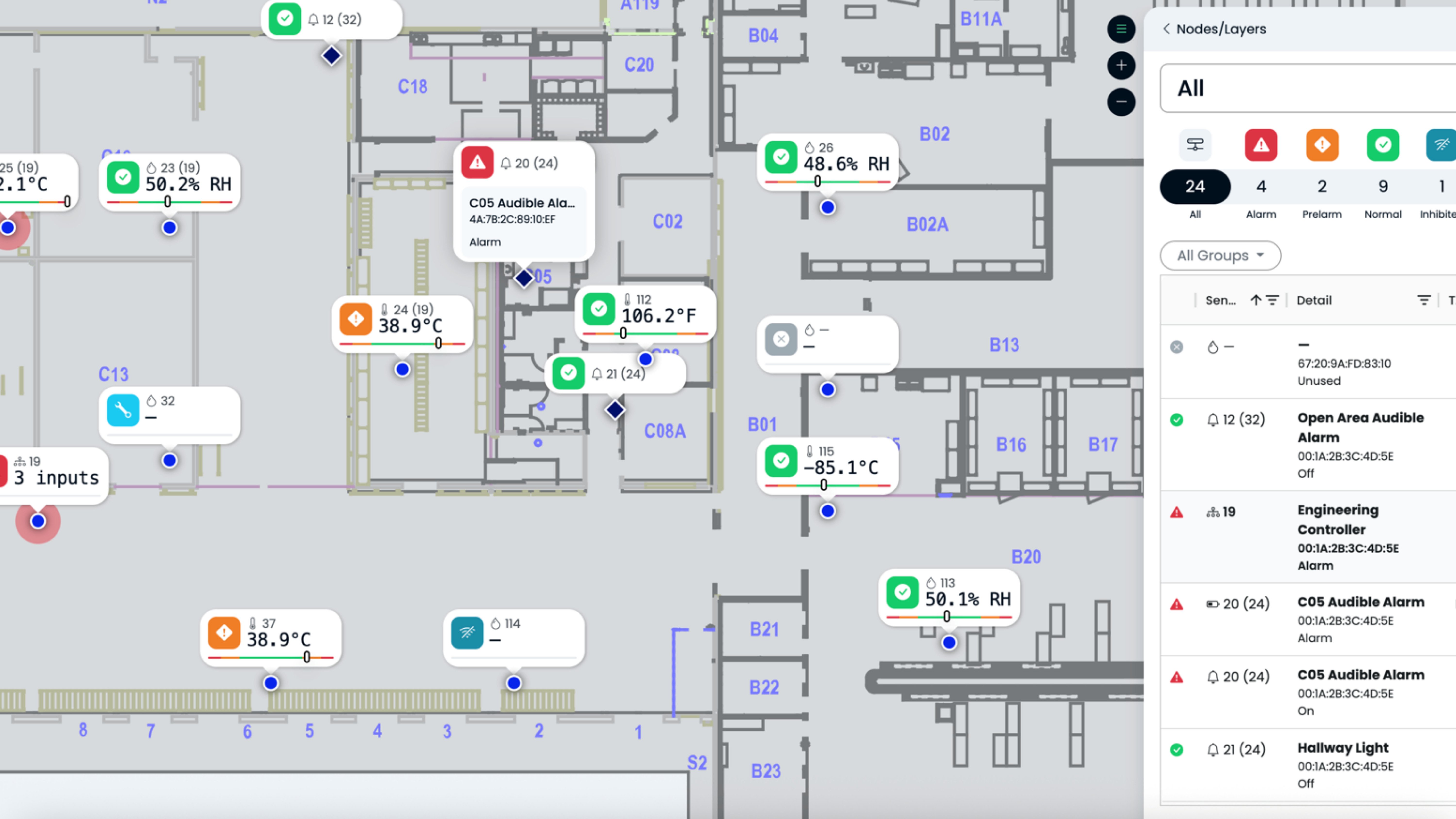 Modern environmental monitoring interface showing real-time sensor data on facility floor plan