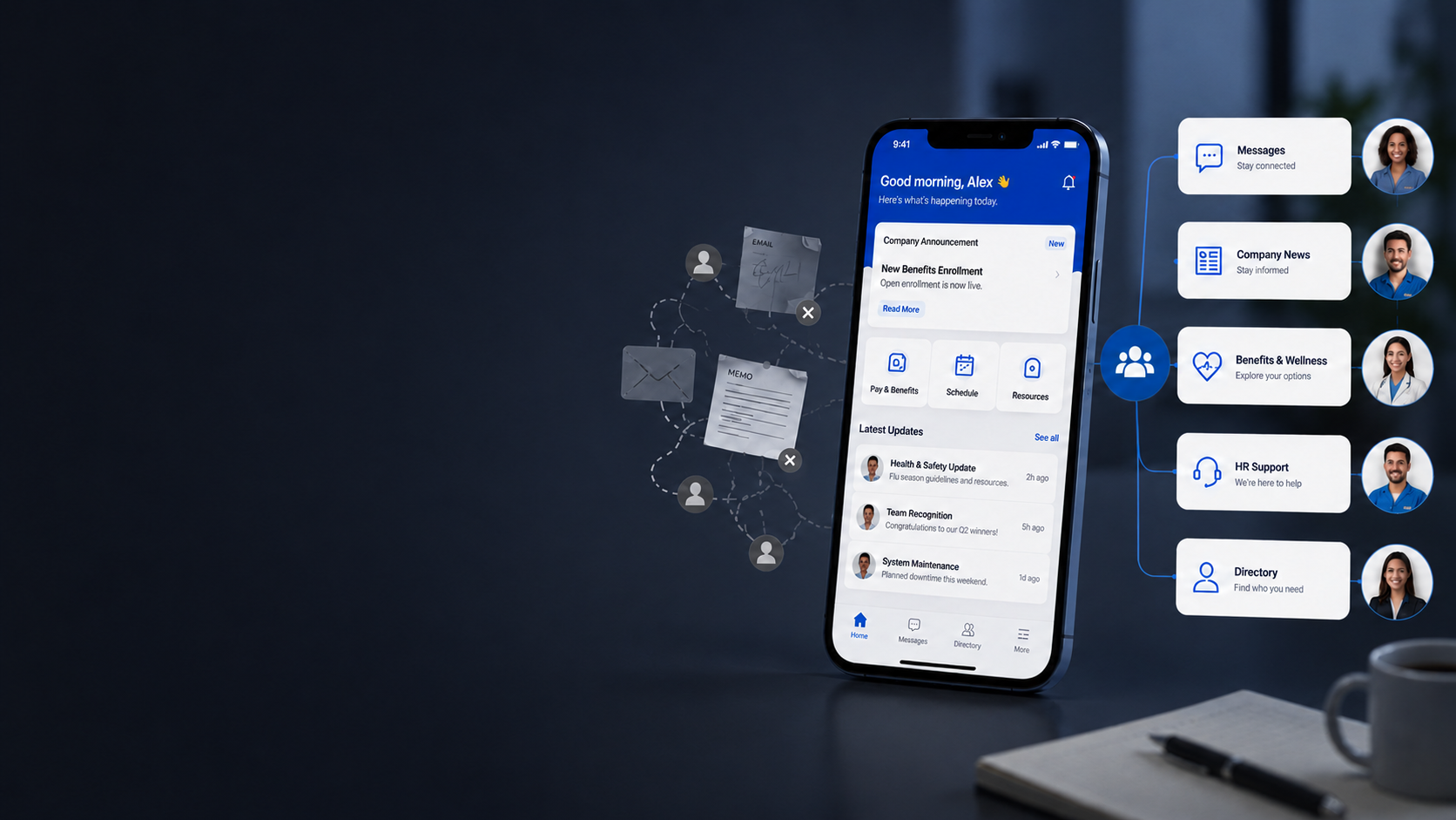 Healthcare employee portal hero: Distributed workforce connecting through unified communication platform