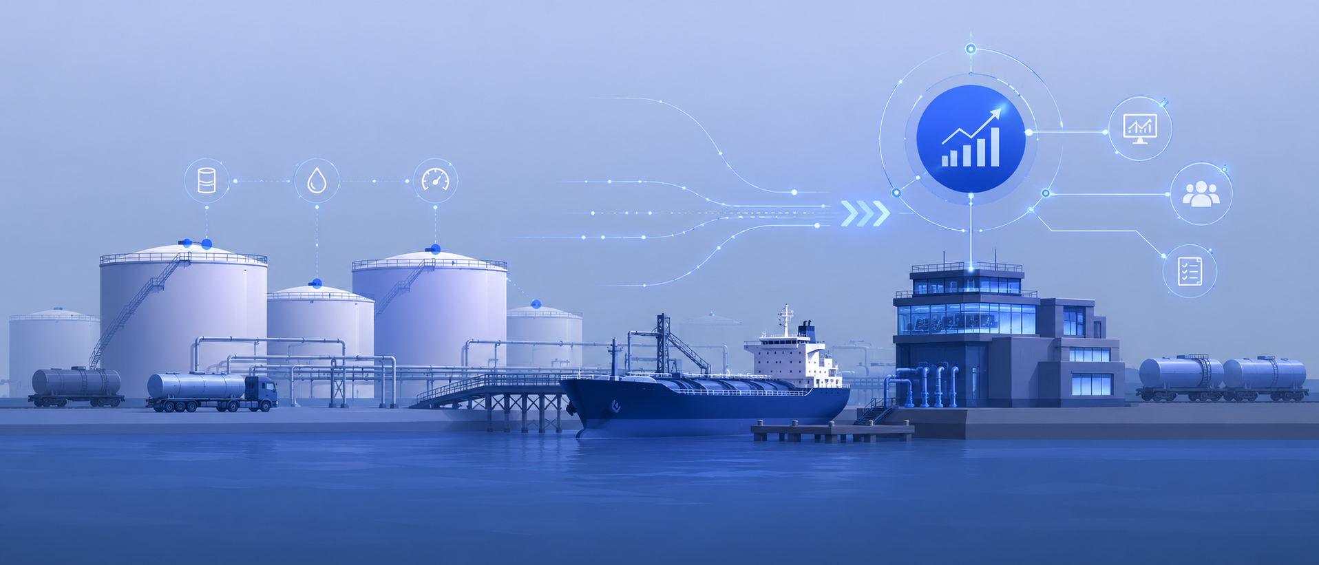 Industrial bulk liquids terminal facility with storage tanks, marine infrastructure, and digital connectivity overlay